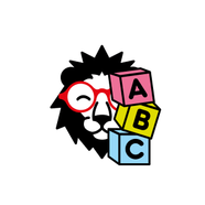 Illustration eines Löwen mit Brille neben ABC-Blöcken.