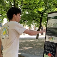 Person im weissen T-Shirt zeigt auf Infotafel in einem Park.