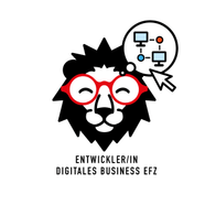 Löwe mit roten Brillen und digitalen Symbolen.
