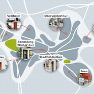 Karte mit markierten Stadtteilen und Pfeilen zu verschiedenen Orten.