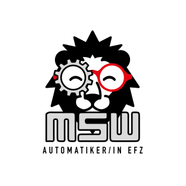 Stilisiertes Löwenlogo mit Zahnrad und Brille.