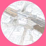 Stilisierte Stadtansicht mit Gebäuden und Strasse auf pinkem Hintergrund.