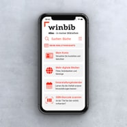 Smartphone mit geöffneter Bibliotheks-App vor grauem Hintergrund.
