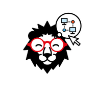 Löwenkopf mit roten Brillen und einem Symbol für Netzwerke.