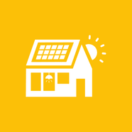 Weisses Haus-Symbol mit Solarmodul auf gelbem Hintergrund.