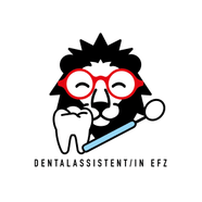 Illustration eines Löwen mit roter Brille, einem Zahn und Zahnwerkzeug.