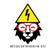 Grafik eines Löwen mit Brille und Blitzsymbol auf gelbem Hintergrund.
