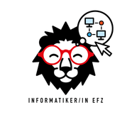 Grafik eines stilisierten Löwenkopfes mit roter Brille und Computer-Symbolen.
