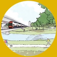 Illustration einer Landschaft mit Zug, Fluss und Spaziergängern.