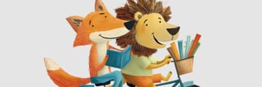 Ein gezeichneter Fuchs und ein Löwe fahren auf einem Tandemfahrrad, der Fuchs liest ein Buch.