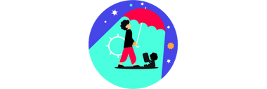 Illustration einer Person mit Regenschirm und zwei Hunden auf schwarzem Hintergrund.