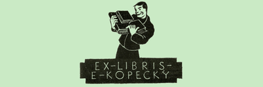 Illustration eines Mannes mit Büchern und Schriftzug Ex-Libris.