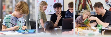 Drei Szenen von Menschen, die an kreativen Projekten arbeiten.