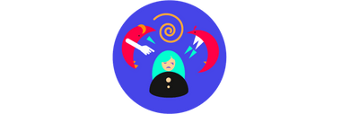 Illustration einer Person mit zwei Delphinen und einer Spirale.