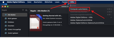 Screenshot der Adobe Digital Editions Software mit geöffnetem Hilfe-Menü.