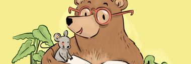 Bär mit Brille liest mit Tieren auf Decke.