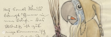 Illustration eines Vogels mit Kapuze und Besen neben handgeschriebener Schrift.