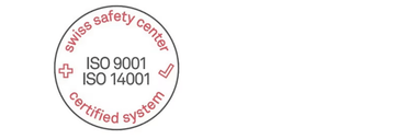 Rundes Zertifikatlogo mit ISO 9001 und ISO 14001 Text.