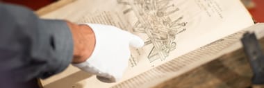 Person mit weissen Handschuhen zeigt auf altes Buch.