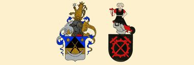 Zwei heraldische Wappen nebeneinander auf beigem Hintergrund.