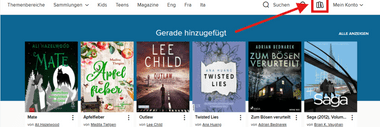 Screenshot der Website mit dem Büchersymbol um auf das Regal zu kommen