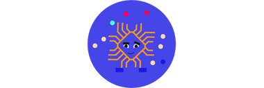 Abstraktes Design mit Augen, Kreisen und Linien auf blauem Hintergrund.