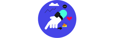 Illustration einer Hand mit Symbolen wie Wolken und Herz auf blauem Hintergrund.