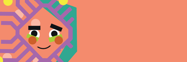 Illustration eines stilisierten Gesichts mit geometrischen Formen auf orangefarbenem Hintergrund.