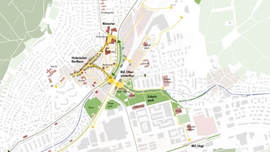 Zukunftsbild für den Schwerpunktraum Oberwinterthur zwischen historischem Ortskern, Bahnhof und Römertor.