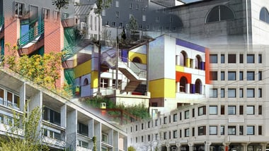 Collage postmoderner Gebäude aus verschiedenen Blickwinkeln.