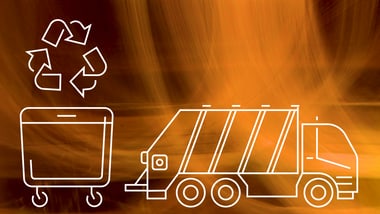 Grafiken eines Recycling-Symbols, einer Mülltonne und eines Müllwagens.