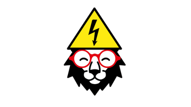 Grafik eines Löwenkopfes mit Brille und gelbem Warnschild.