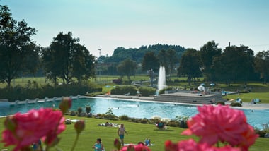 Grüner Park mit Teich und Springbrunnen, Blumen im Vordergrund.