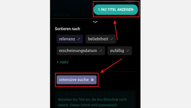 Screenshot von der App mit Auswahl "intensive Suche"