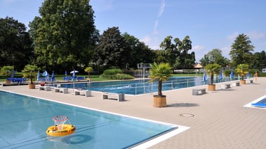 Freibad mit Palmen und einem Basketballkorb im Wasser.