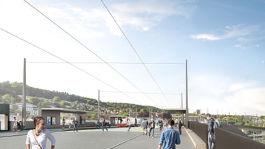Eine Visualisierung zeigt die Leonie-Moser-Brücke mit Menschen, Oberleitungsdrähten und Hügel im Hintergrund.