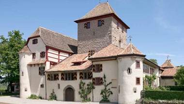 Historisches Schloss mit Türmen und Fachwerk in sonniger Umgebung.