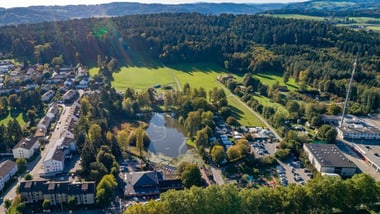 Luftaufnahme einer Stadt mit Park, Häusern und Wäldern.