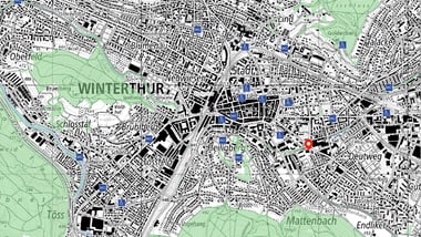 Stadtkarte von Winterthur mit farbigen Markierungen.