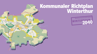 Karte mit städtischem Entwicklungsplan auf lila Hintergrund.