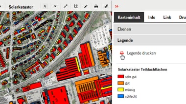 Kartenansicht mit markierten Gebäuden in verschiedenen Farben.