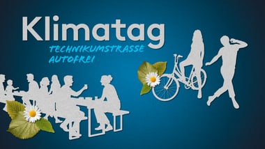 Grafik von Menschen auf Fahrrädern und sitzend an einem Tisch, mit Blumen und Text.