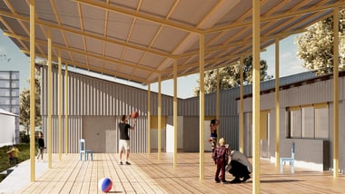 Moderne überdachte Terrasse mit spielenden Personen.