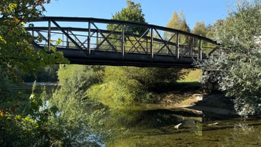Brücke über einen Fluss mit Bäumen im Hintergrund.
