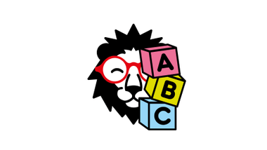 Illustration eines Löwen mit Brille neben ABC-Blöcken.
