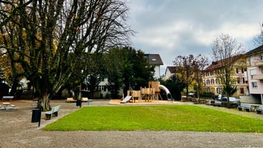 Spielplatz mit Klettergerüst und Rutsche, umgeben von Bäumen und Häusern.