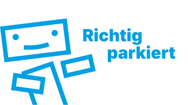 Blauer Cartoon-Roboter mit dem Text 'Richtig parkiert'.