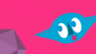 Bunte Grafik mit einer blauen, geometrischen Figur auf pinkem Hintergrund.