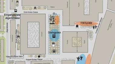 Stadtplan mit markierten Bereichen und Strassen.