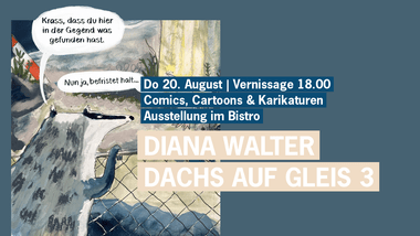 Illustration eines Tieres mit Ankündigungstext für eine Ausstellung.